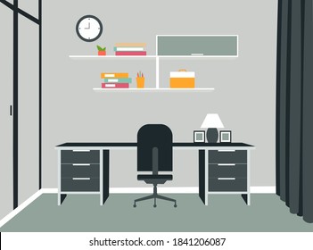 Office interior design. Modern business workspace with office furniture: chair, desk with computer, bookcase, clock on the wall and window. Vector illustration.