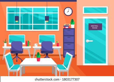 Office interior. Design of modern office. Creative office workspace with desktop, modern monitor, furniture in interior. Vector illustration in flat minimal design.