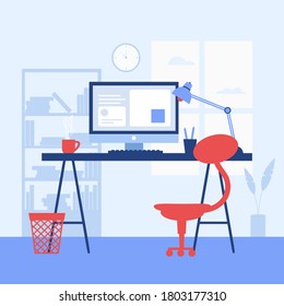 Office interior. Design of modern office. Creative office workspace with desktop, modern monitor, furniture in interior. Vector illustration in flat minimal design.