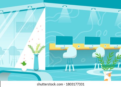 Office interior. Design of modern office. Creative office workspace with desktop, modern monitor, furniture in interior. Vector illustration in flat minimal design.