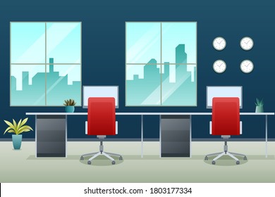 Office interior. Design of modern office. Creative office workspace with desktop, modern monitor, furniture in interior. Vector illustration in flat minimal design.