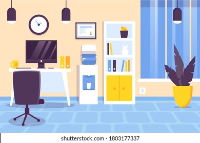 Office interior. Design of modern office. Creative office workspace with desktop, modern monitor, furniture in interior. Vector illustration in flat minimal design.