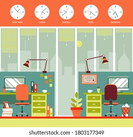 Office interior. Design of modern office. Creative office workspace with desktop, modern monitor, furniture in interior. Vector illustration in flat minimal design.
