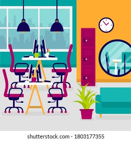 Office interior. Design of modern office. Creative office workspace with desktop, modern monitor, furniture in interior. Vector illustration in flat minimal design.