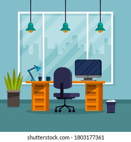 Office interior. Design of modern office. Creative office workspace with desktop, modern monitor, furniture in interior. Vector illustration in flat minimal design.