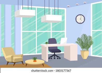 Office interior. Design of modern office. Creative office workspace with desktop, modern monitor, furniture in interior. Vector illustration in flat minimal design.