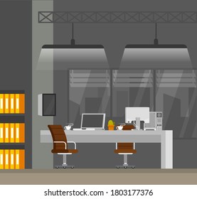 Office interior. Design of modern office. Creative office workspace with desktop, modern monitor, furniture in interior. Vector illustration in flat minimal design.