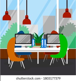 Office interior. Design of modern office. Creative office workspace with desktop, modern monitor, furniture in interior. Vector illustration in flat minimal design.