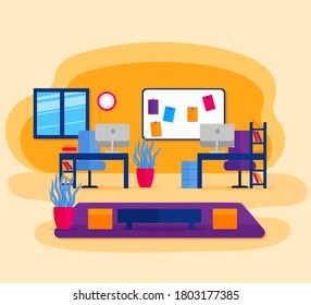 Office interior. Design of modern office. Creative office workspace with desktop, modern monitor, furniture in interior. Vector illustration in flat minimal design.