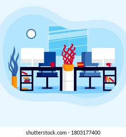 Office interior. Design of modern office. Creative office workspace with desktop, modern monitor, furniture in interior. Vector illustration in flat minimal design.