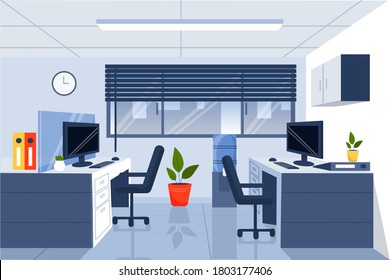 Office interior. Design of modern office. Creative office workspace with desktop, modern monitor, furniture in interior. Vector illustration in flat minimal design.