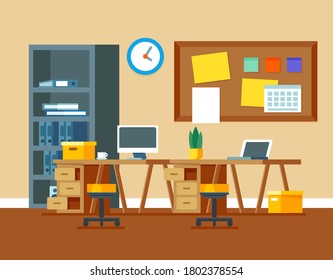 Office interior. Design of modern office designer workplace. Creative office workspace with desktop, modern monitor, furniture in interior. Vector illustration in flat minimal design, website banner.