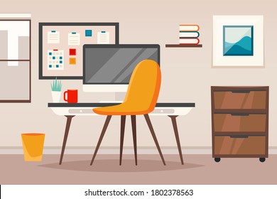 Office interior. Design of modern office designer workplace. Creative office workspace with desktop, modern monitor, furniture in interior. Vector illustration in flat minimal design, website banner.