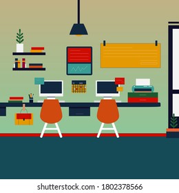 Office interior. Design of modern office designer workplace. Creative office workspace with desktop, modern monitor, furniture in interior. Vector illustration in flat minimal design, website banner.