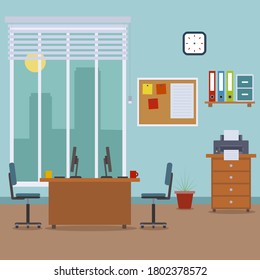 Office interior. Design of modern office designer workplace. Creative office workspace with desktop, modern monitor, furniture in interior. Vector illustration in flat minimal design, website banner.