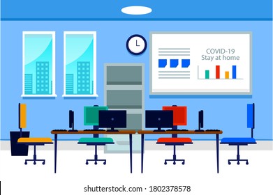 Office interior. Design of modern office designer workplace. Creative office workspace with desktop, modern monitor, furniture in interior. Vector illustration in flat minimal design, website banner.