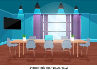Office interior. Design of modern office designer workplace. Creative office workspace with desktop, modern monitor, furniture in interior. Vector illustration in flat minimal design, website banner.