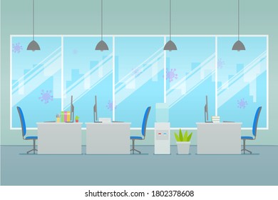 Office interior. Design of modern office designer workplace. Creative office workspace with desktop, modern monitor, furniture in interior. Vector illustration in flat minimal design, website banner.