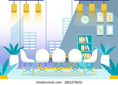 Office interior. Design of modern office designer workplace. Creative office workspace with desktop, modern monitor, furniture in interior. Vector illustration in flat minimal design, website banner.