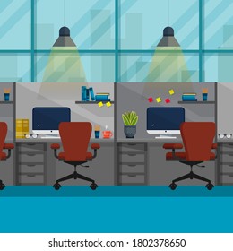 Office interior. Design of modern office designer workplace. Creative office workspace with desktop, modern monitor, furniture in interior. Vector illustration in flat minimal design, website banner.