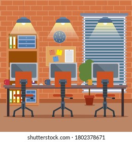 Büroeinrichtung. Design des modernen Bürodesigners. Kreativer Büroarbeitsplatz mit Desktop, modernem Monitor, Möbel im Inneren. Vektorgrafik in flachem minimalem Design, Website-Banner.