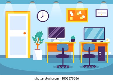 Office interior. Design of modern office designer workplace. Creative office workspace with desktop, modern monitor, furniture in interior. Vector illustration in flat minimal design, website banner.