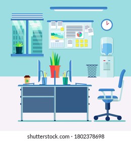 Office interior. Design of modern office designer workplace. Creative office workspace with desktop, modern monitor, furniture in interior. Vector illustration in flat minimal design, website banner.