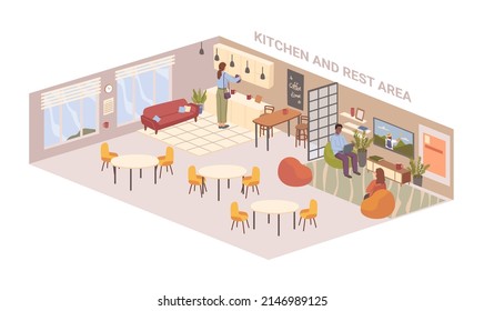 Office interior design and planning, areas for recreation and rest for clients and employees. Vector kitchen with equipment and appliances. TV set and comfy armchairs for sitting and relaxing