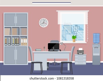 Office interior design template with furniture including desk, armchairs, laptop and window. Business office with workplace