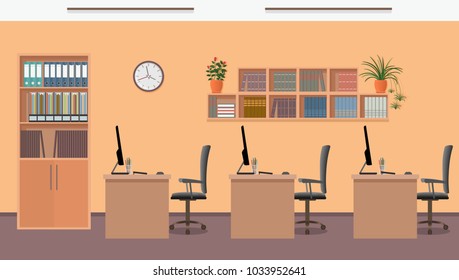 Office interior design with three workplaces and office furniture like tables, laptops, armchairs. Workspace template without people. Flat style vector illustration.