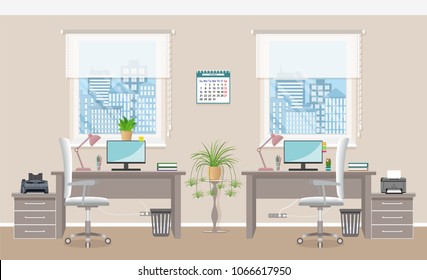 Office interior design with two workplaces without people. Office room without people.