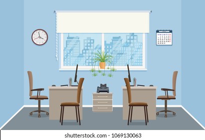 Office interior design with two workplaces without people. Office room with furniture and window.