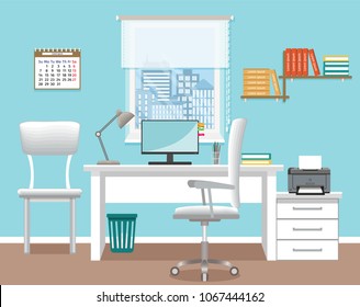 Office interior design without people. Office room with furniture and window. Working indoor room template.