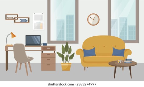 Diseño interior de oficina. Lugar de trabajo, interior moderno, oficina. El concepto de interior. Oficina con ordenador, flor casera, reloj, lámpara, sofá. Grandes ventanas. Ilustración al estilo de caricatura plana.