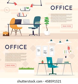 Office interior with designer desktop, business workspace in the office. Workplace. Flat design vector illustration. Banners.