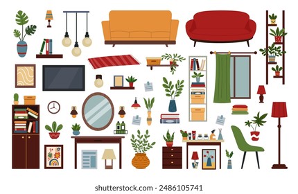 Office interior. Desk cabinet, home room, workspace isolated elements. Workplace company. Indoor empty, nobody space. Business, window, table and computer. Sofa, chair and bookshelf. Vector tidy flat