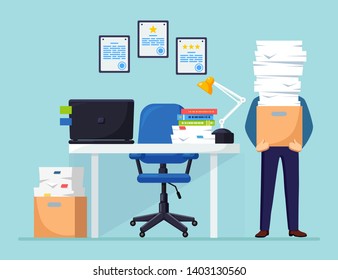Office interior with desk, chair, computer. Pile of paper, busy businessman with stack of documents in carton, cardboard box. Paperwork. Bureaucracy concept. Stressed employee. Vector flat design