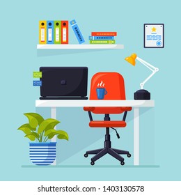 Office interior with desk, chair, computer, laptop, documents, table lamp. Workplace for worker, employee. Vector flat design