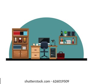 office interior desk chair computer briefcase bookshelf trophy clock telephone