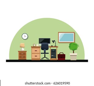 office interior desk chair computer lamp mirror plant table clock style
