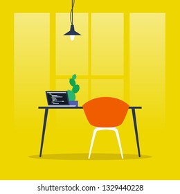 Office interior. Desk and chair. Laptop and cactus. No people. Flat editable vector illustration, clip art