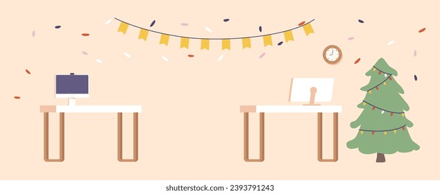 Office Interior With Desks, Festive Lights, Christmas Tree, And Decorations For Corporate Christmas Party, Background