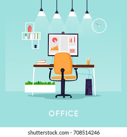 Office interior with desktop, business workspace in the office. Workplace. Flat design vector illustration.