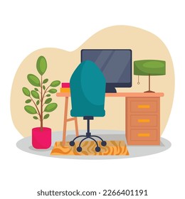 Office interior. Desktop, computer, armchair, carpet, plant, lamp, books.