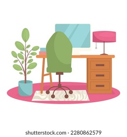 Office interior. Desktop, computer, armchair, carpet, plant, vase with flowers, books.