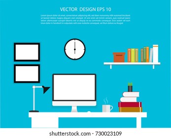 Office interior with desktop display with interface icons