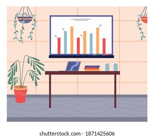 Office interior with digital board, presentation with graph. Table with laptop and folders, bottles. Visualisation of strategy, plan, finance growing. Houseplant decor. Nobody, vector illustration