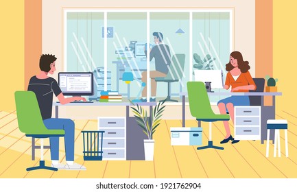 el interior de la oficina con la habitación del director independiente con el resto del empleado, todo empleado trabajando en la ilustración plana del vector de su escritorio. utilizado para banner, imagen del sitio web y otros