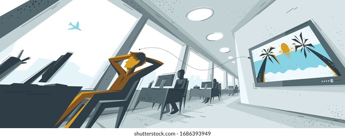 Office interior in distorted perspective with employees and one man is dreaming about travel to vacations vector illustration, modern workplace work routine tired man.