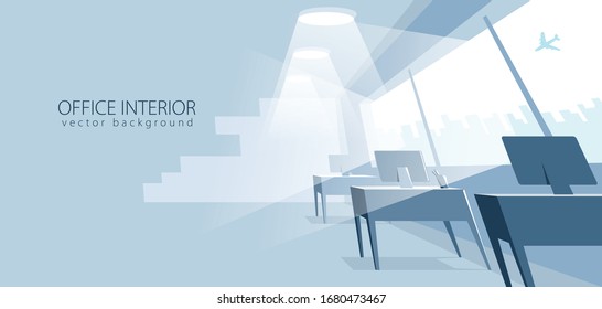 Office interior in distorted perspective vector illustration with space for text mockup, modern workplace inner space.